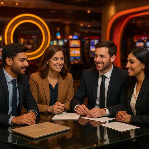 A vibrant, modern casino studio shows teams collaborating around a glass desk beneath warm lighting, embodying 388 Win Bet's professional approach. The scene reflects trust, excitement, and secure real money gaming in Pakistan.