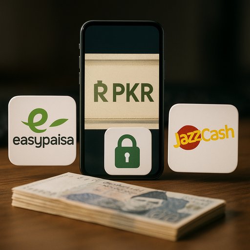 Pakistan payments illustration showing EasyPaisa and JazzCash logos alongside PKR symbols; the image emphasizes local payment options and security considerations for Pakistani players in Karachi and Lahore